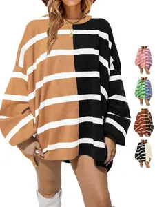 Renaishow Women's Crewneck Striped Color Block Knitting Pullover Sweater, Long Sleeve Loose Lightweight Everyday Casual Piece for Women's Outfits