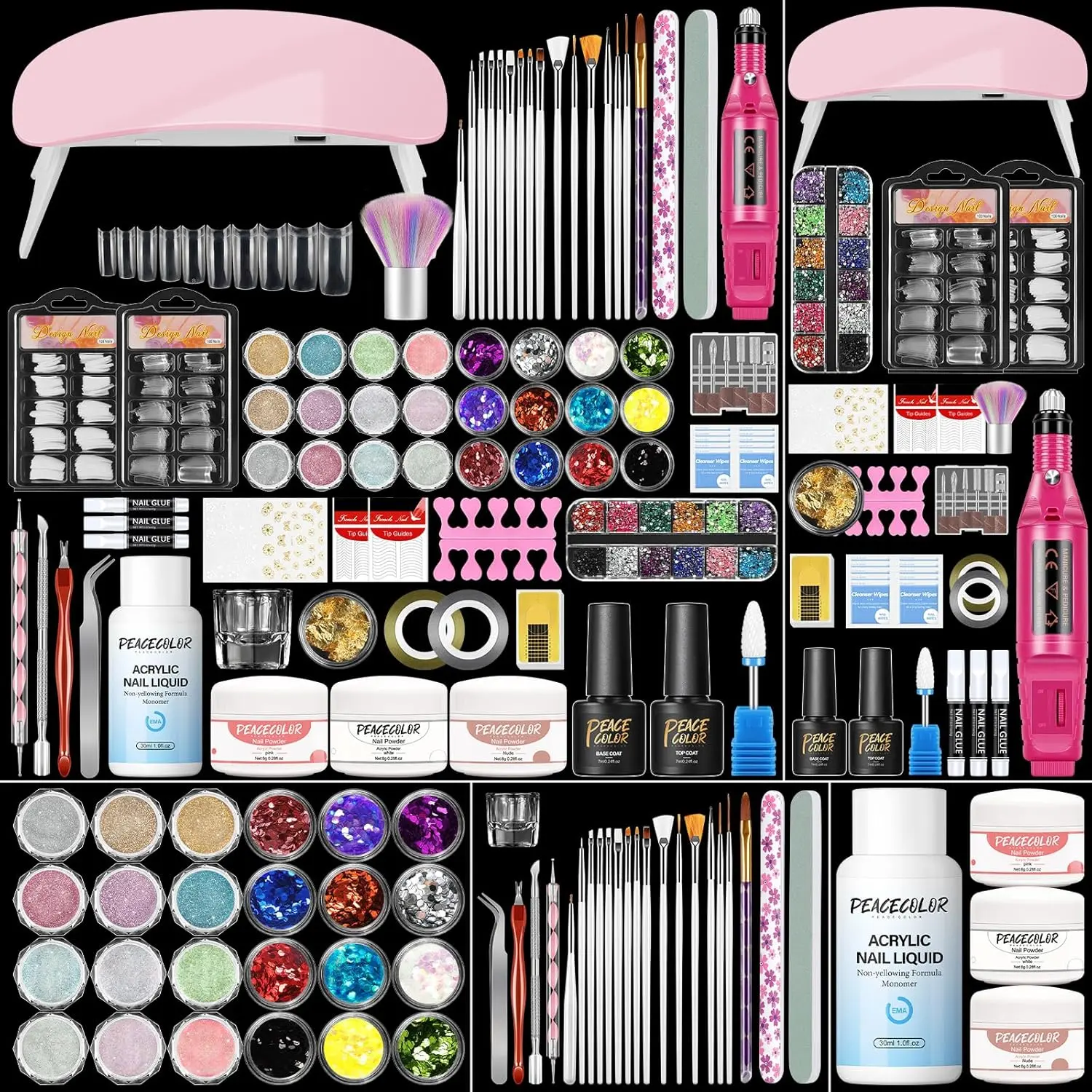 Acrylic Nail Kit with Drill and U V Light, Professional Acrylic Nail Kits with Everything 3PC Powder 24PC Glitter 200Pcs Nail Tips Nails Art Decoration DIY Home Salon, Nail Polish, Brush