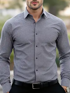 Men's Plaid Checkered Gingham Long Sleeve Collared Shirt, Checked, Classic Style, Casual or Formal Occasion, Regular Fit, Fitted, Button Design, Fashionable Closet Upgrade Cs357
