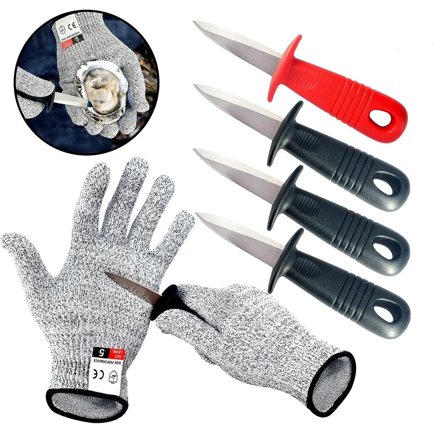 Oyster  with Grey Cut Resistant Gloves Set, Oyster Shucking  with Black Plastic Non-Slip Handle, Opener Kit Tools for Oyster Clam Shellfish Seafood