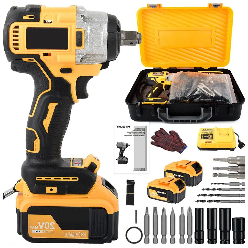 1/2” Brushless Cordless Impact Wrench Kit, 20V 4Ah Batteries, 1200-1800Nm High Torque Power Impact Gun, Compact Heavy-Duty Design, Variable Speed, Quick Forward & Reverse Switch, Premium Friction Drive, Narrow Gaps Access, Complete Socket & Drill Bit Set,
