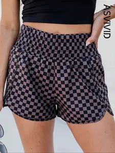 Women's Casual Basic Versatile Plaid Side Pocket High Waist Athletic Shorts for Summer