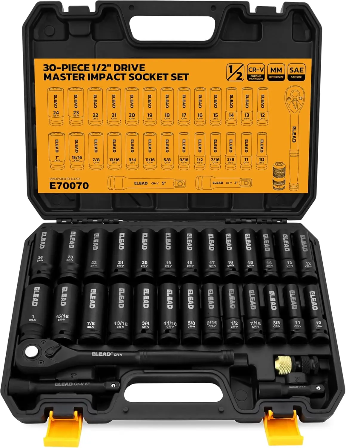 ELEAD 1/2" Drive Deep Impact Socket Set - 30-Piece CR-V Steel Mechanic Tools Kit with 6-Point SAE (3/8-1 in), Metric (10-24mm) Sockets, 3" & 5" Extensions, Ratchet Handle, Bit Adapter for Auto Repair (TikTokShopBlackFriday), 6-Point Socket Metric