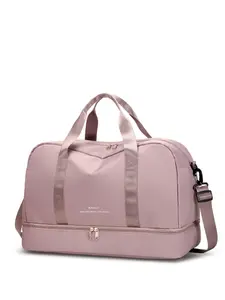 Fashionable hand-held travel bag with large capacity, simple design that can be placed over a suitcase, independent shoe compartment, multiple pockets for storage, can be carried as a shoulder or crossbody bag.