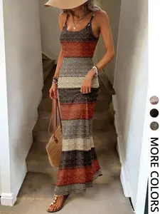 1 Piece Women's Boho Striped Cami Maxi Dress, Spring Summer Colorblock Knit Look Bodycon Outfit, Sexy Vacation Beach Dresses for Women