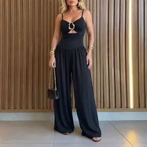 ChicMe Women's Gold Ring Hollow Out Adjustable Strap Jumpsuit Backless Wide Leg Romper Elegant Party Jumpsuit With Pocket