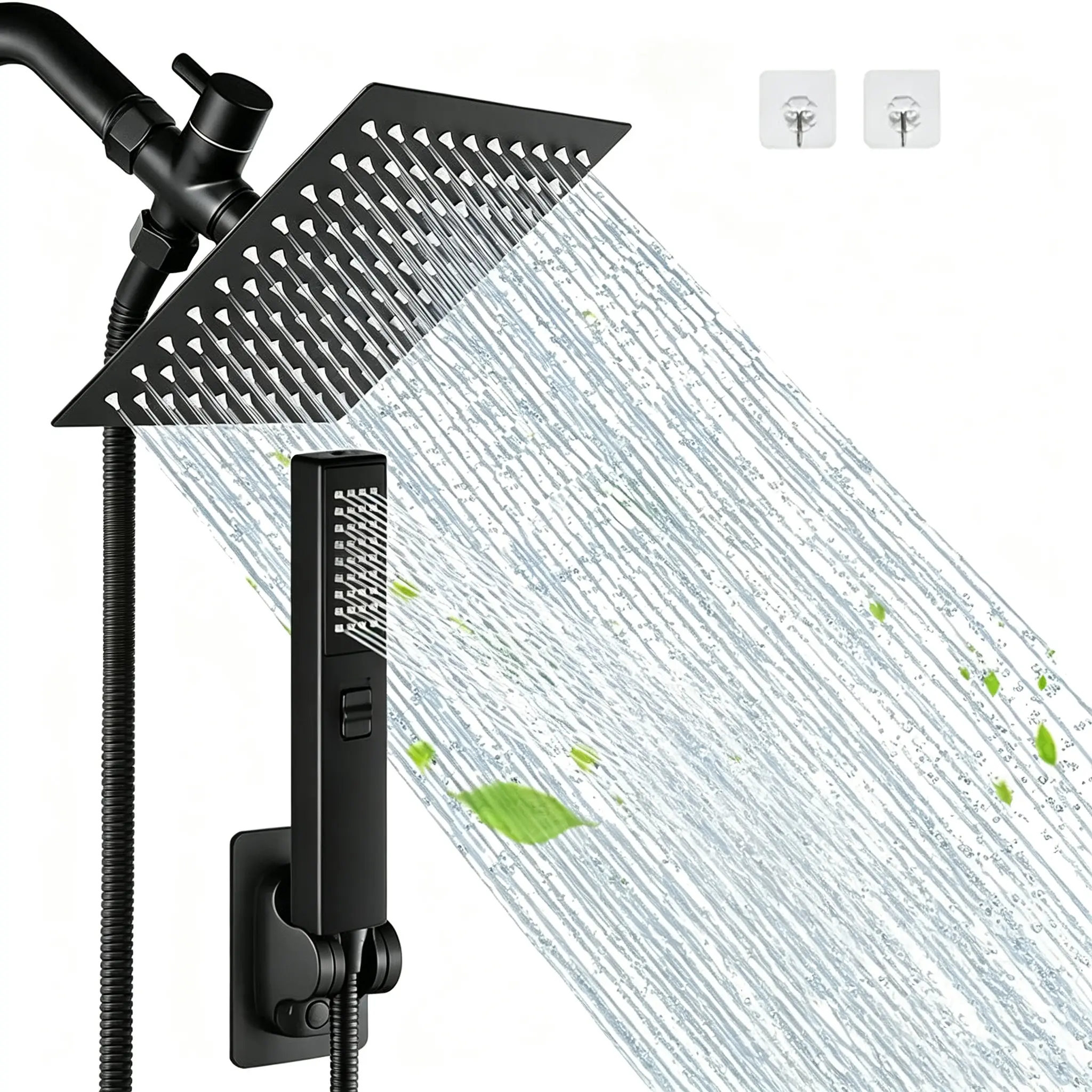Bathroom Accessories High Pressure Shower Head Set for Summer Gift,1 Set 6/8"  Square Rain & 2-in-1 Hand Shower,Equipped with 75"Hose, 3 Way Diverter Valve,Adhesive Shower Head Holder,Wrench-free installation summervibes