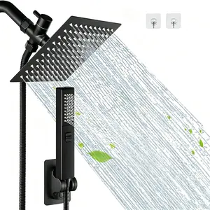 Bathroom Accessories High Pressure Shower Head Set for Fall Gift,1 Set 6/8"  Square Rain & 2-in-1 Hand Shower,Equipped with 75"Hose, 3 Way Diverter Valve,Adhesive Shower Head Holder,Wrench-free installation