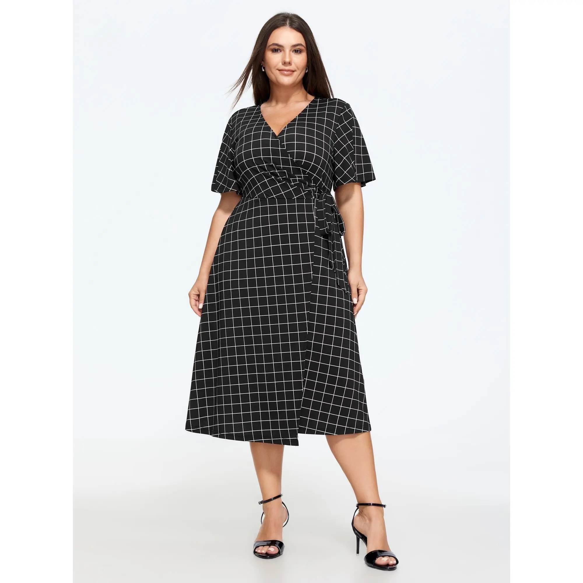 BLOOMCHIC Plus Size Grid Print Side Tie Wrap Midi Dress[M-6X] Back To School,Spotlight Day, Flutter Sleeve Casual Dresses