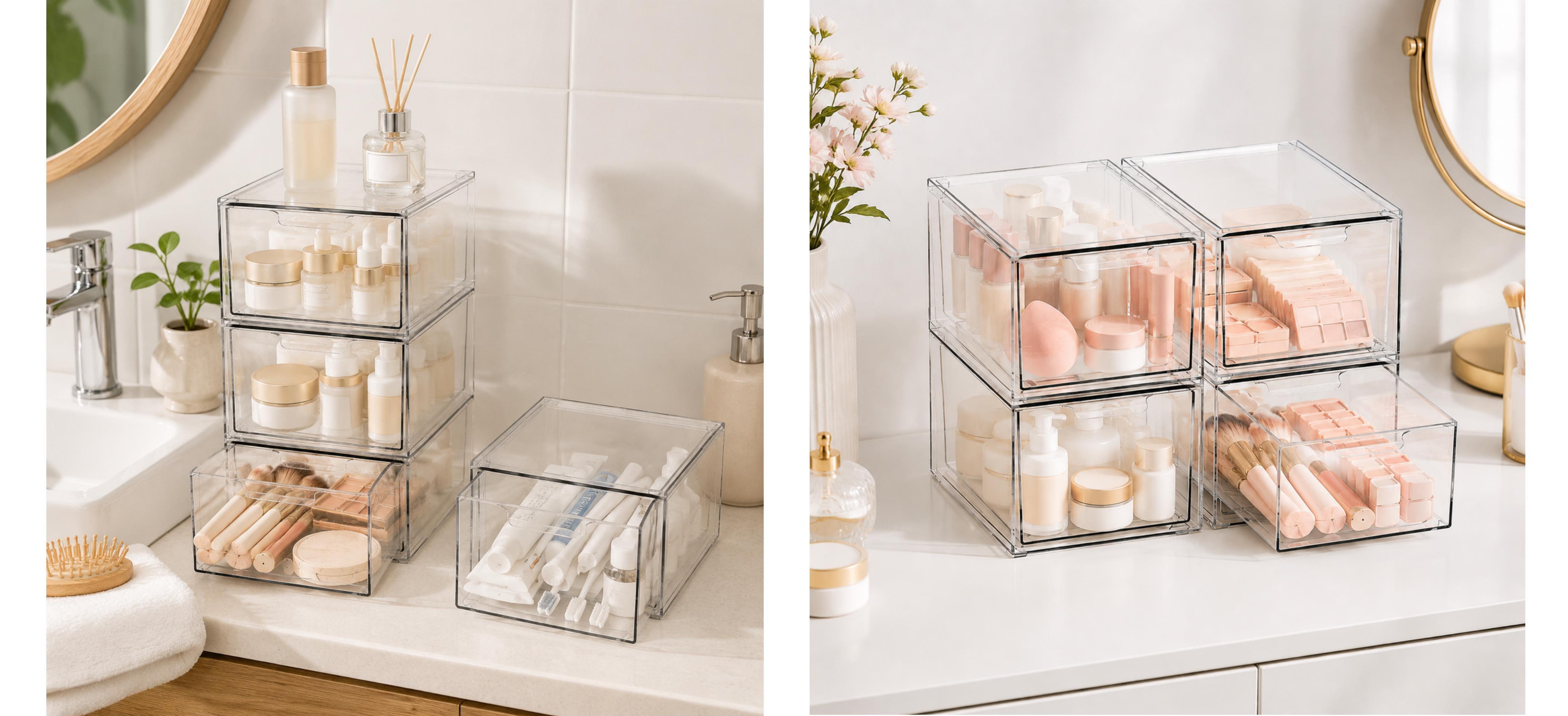 13 Drawers Clear Stackable Acrylic Storage Box, Versatile Organizer for Bathroom, Vanity, Kitchen Cabinets, Pantry & Home Organization Storage Containers