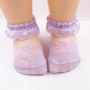 Baby Girls' Ruffled Lace Mesh Socks, Elastic Knit Polyester Blend with Flower Motif, for 0-5 Years Old Toddlers, Baby Girls Clothing
