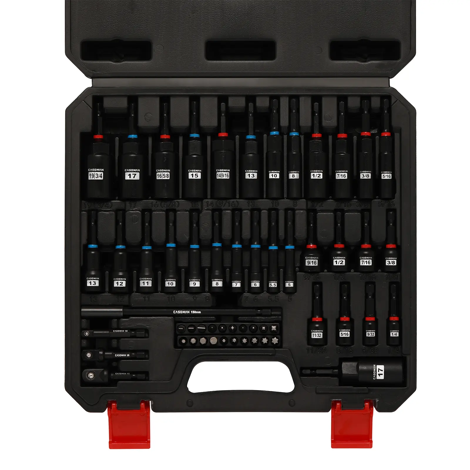 CASOMAN 55-Piece Magnetic Nut Driver Set for Impact Drill - Deep, Shallow, Metric, SAE; Includes Screwdriver Bits, Bit Extension Bar, Socket Adapters, Wing Nut Driver, Tool Box