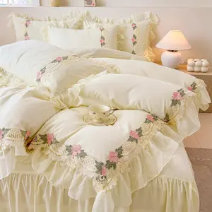 Floral Chic Lace Ruffled Bedding Set, 1 Duvet Cover + 2 Pillowcases Set,Girl French Princess Style Bedding-2 Piece Twin Duvet Cover with Zipper Closure -Ultra Soft and Light Weight-No Comforter