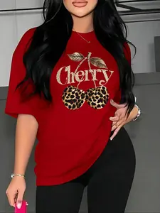 Women's Cherry & Letter Print Round Neck Tee, Casual Short Sleeve Crew Neck T-shirt for Summer, Fashion Women's Top for Daily Wear, Aesthetic Fruit Tee