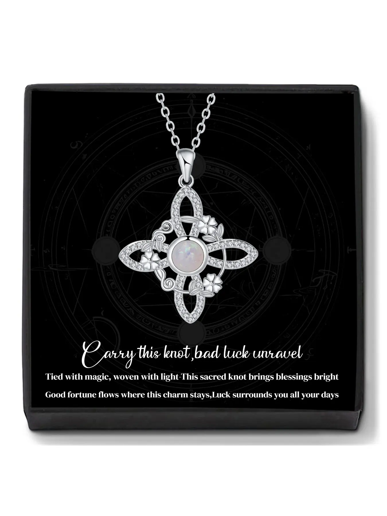 Witches Knot Opal Flower Charm Necklace With Blessed Message Card, Pagan Wiccan Magic Tetragrammaton Pendant Necklace, Amulet Exquisite Jewelry Gift for Women, Copper Pendant Necklaces