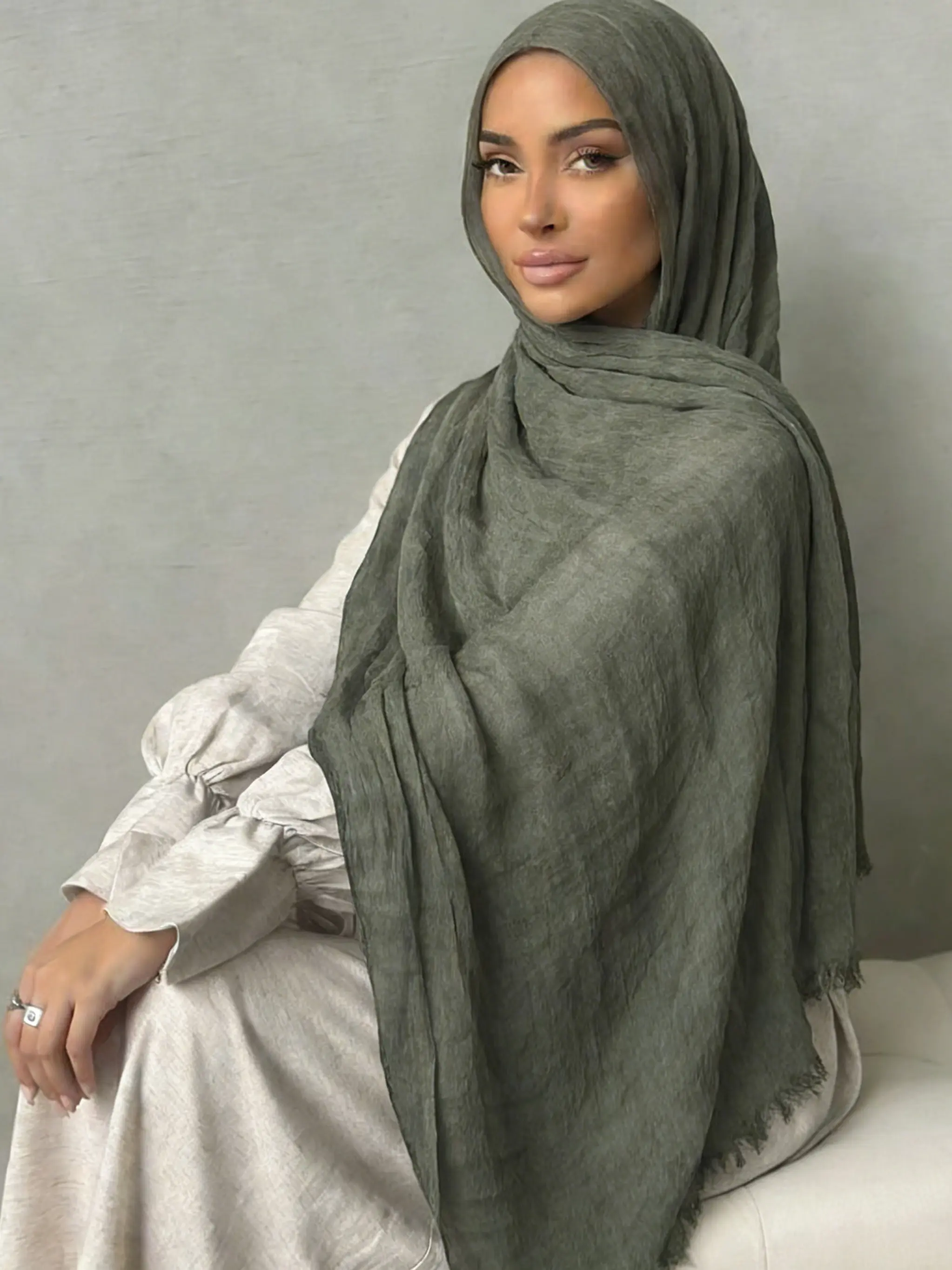 1 Pc Minimalist Solid Color Long Scarf with Raw Edges & Satin Texture, Versatile Fashion Hijab for Multi-Purpose Decorative Use