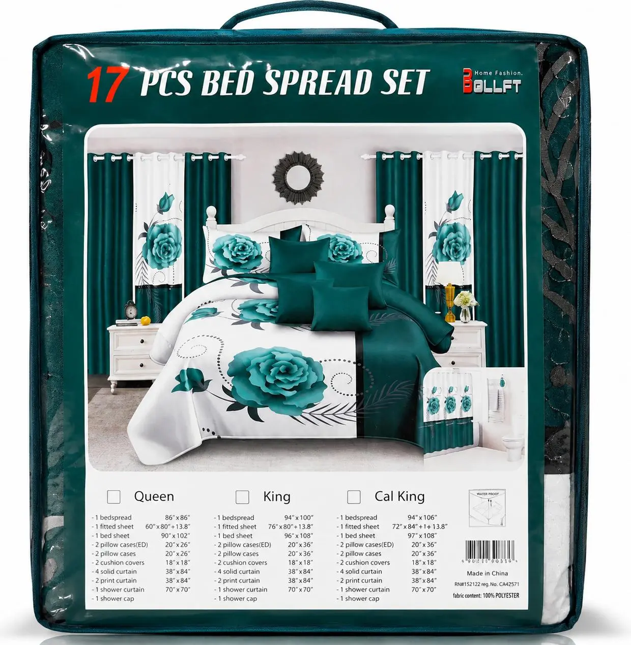 17 Piece Bedspread Set with Curtains & Shower Curtain – Soft Floral Bedding Set – Queen, King & California King – 100% Polyester – Teal White