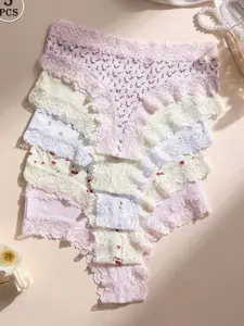 5pcs/Pack Women's Sexy Lace Patchwork Seamless Low-Rise Thong Panties, Soft, Comfortable, Breathable, Suitable For Yoga, Sports And Daily Wear