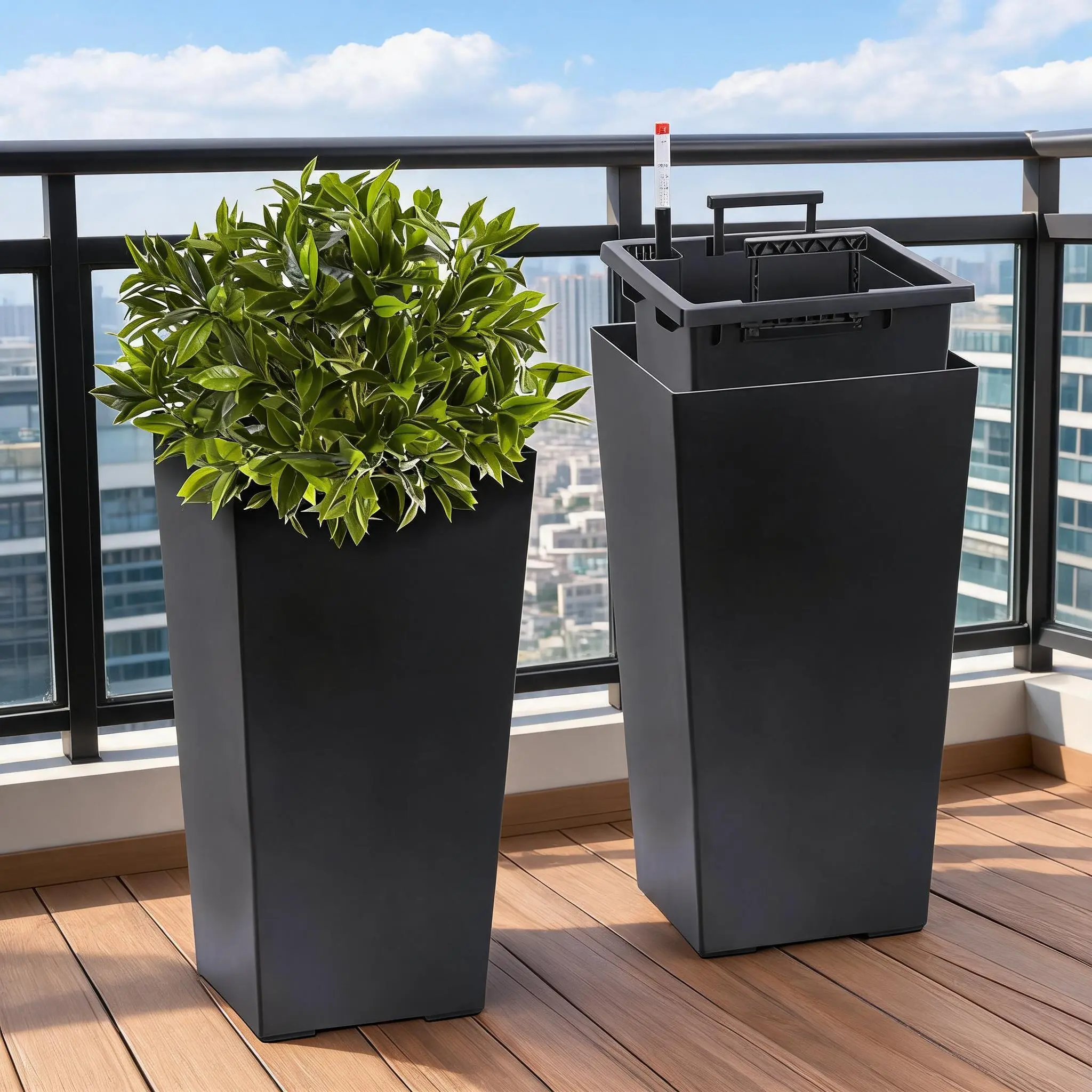 GARVEE 2-Piece Modern Tall Black Large Flower Pots - Self-Watering Automatic Drainage Balcony Planters with Drainage Holes, Water Level Monitor, Removable Inner Bucket - Indoor Outdoor Use, Automatic Drainage Flower Pots