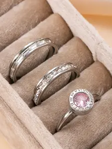 3 Piece Fashionable Stainless Steel Ring Set in Steel Color, Elegant VVS Moissanite Embellished Rings, Moissanite Decorated Ring for Daily Wear, Perfect Ramadan Gift for Her