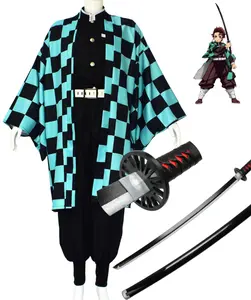 Demon Fighter Costume Slayer Halloween Trendy Checkerboard Kimono with Sword for Anime Cosplay Tanjirou Plaid Design Full Set for Adults & Kids