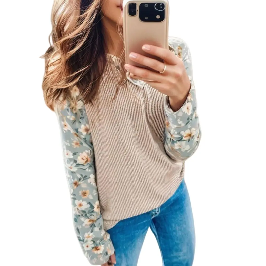 Asvivid Women's Twist Ribbed Textured Floral Contrast Patchwork Shirts Casual Long Sleeve Raglan Sleeve Top V Neck Spring Fall Fashion
