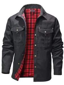 Men's Fall Outfit: Utility-Style Jacket with Plaid Lining & Multiple Pockets, Versatile Shirt-Style Outerwear for Outdoor Use & Commute, Coats