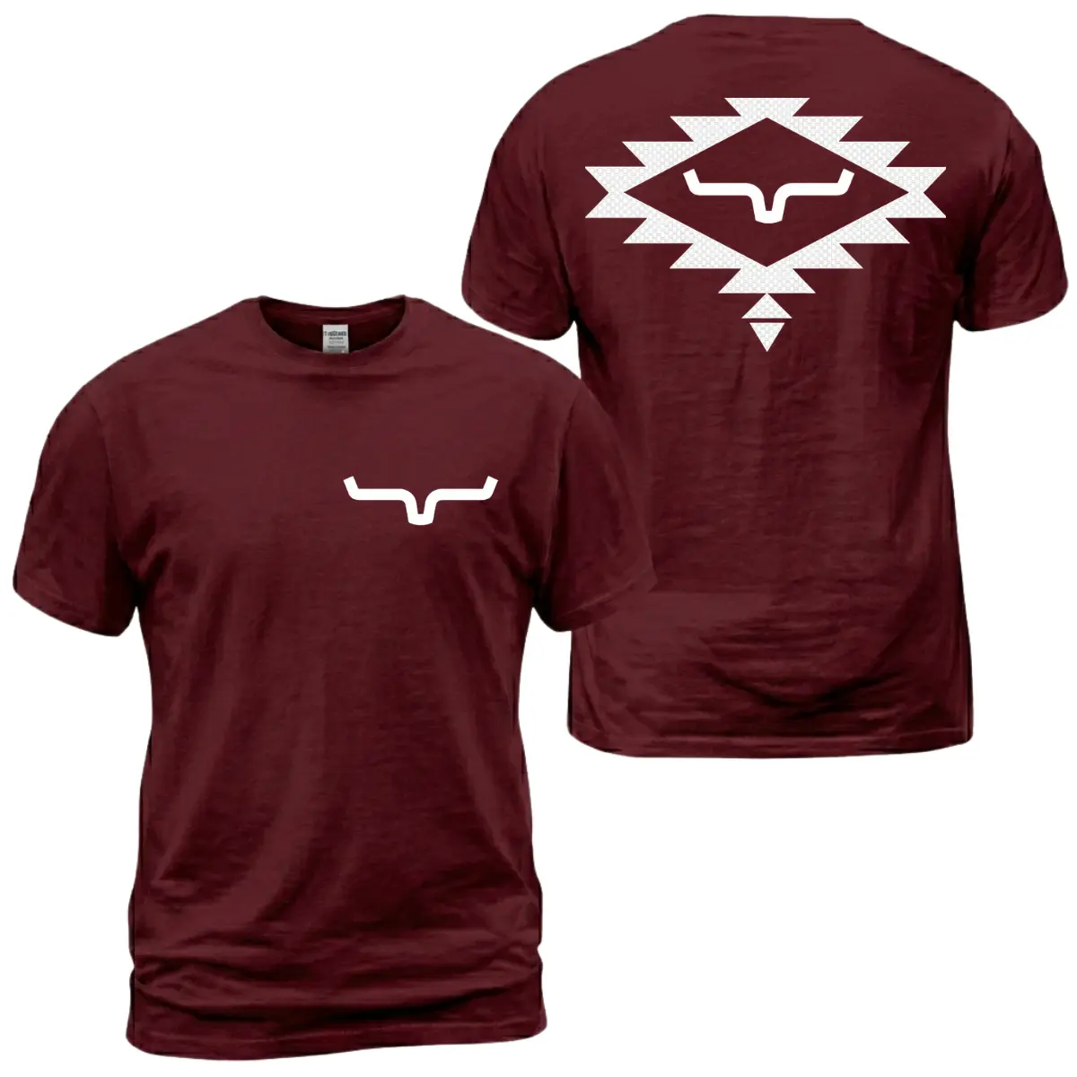 Kimes Ranch Aztec Horn Logo T-Shirt, Western Tribal Graphic Tee, White Geometric Back Print With Front Chest Horn Emblem, Ranch Casual Outfit, Soft Cotton Tee Gift For Men and Women