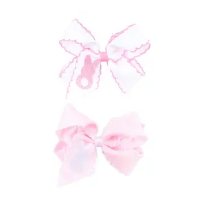 Peep Bunny Embroidered Moonstitch Hair Bow - Easter Hair Accessory for Girls