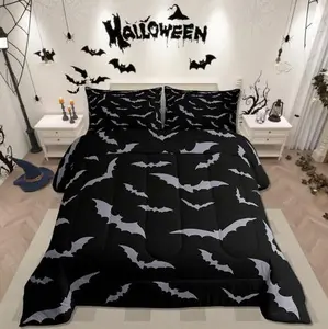 Happy Halloween Comforter Set,Youth Grey Bats Bedding Set,Gothic Spooky Quilt,Cartonn Bed Decorative Bedding Comforter Sets