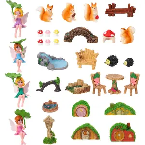 32 PCS Mini Fairy Garden Accessories Kit Miniature Garden Ornaments Included Resin House Statues Tiny Fairies Figurines Animal Plant Set for DIY Terrarium Potted Plants Dollhouse Desk Decor