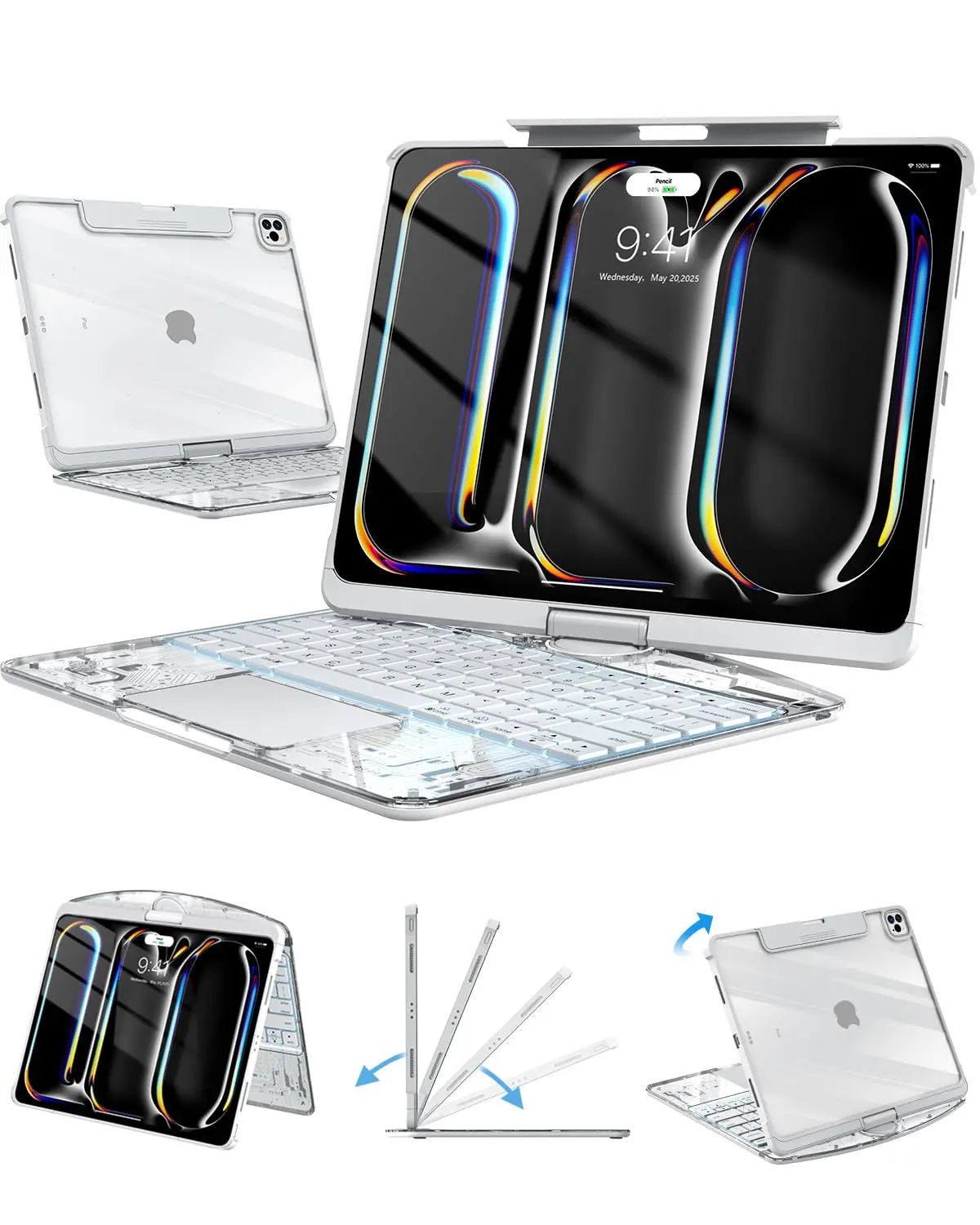 All-in-One Clear Keyboard Case for iPad Pro 11 12.9 Air 5 6 10th Gen, 360 Degree Rotatable Stand, Built-in Wireless Bluetooth Keyboard