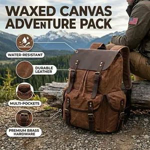 Retro wax canvas backpack with large capacity and waterproof design for hiking and everyday travel, featuring genuine leather trim; suitable for travel, school, and outdoor adventures; laptop bag measuring 15.6 inches.