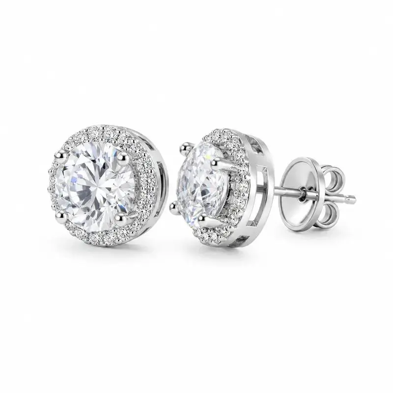 Halo Stud Earrings in Silver Plated Finish, 0.3ct Round Cut Diamond Look Cubic Zirconia for Casual Everyday Wear, Hypoallergenic & Tarnish-Free, Unisex, Full Halo, Daily, Hypoallergenic For Sensitive Ears