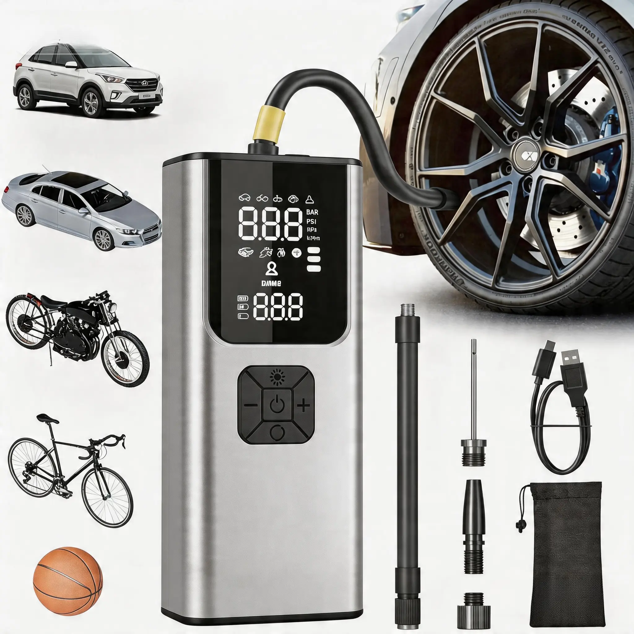 Electric Bicycle Pump, 10.3 Bar Air Pump, Bicycle, Rechargeable Tyre Pump with Truegauge Display for Car, Bicycle, Motorcycle