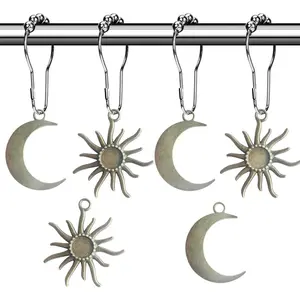 12 Sun & Moon Celestial Shower Curtain Hooks – Mid-Century Boho Bathroom Decor, Abstract Vintage Minimalist Metal Rings – Perfect Gift for Her, Witchy Home Lover, or Holiday Decoration Decorative