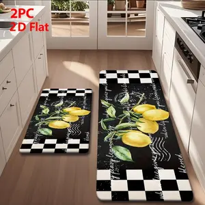 2pcs/3pcs Flannel Kitchen Mat Set, Base with Hand-Drawn Lemon Branch, Vintage Checkered Border, Non-Slip