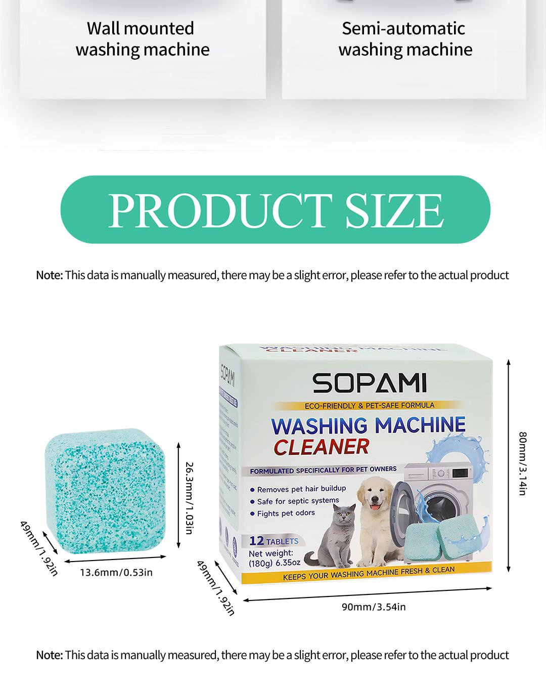 SOPAMI Washing Machine Cleaner Tablets for Pet Owners Eco-Friendly Pet-Safe Formula Removes Pet Hair & Odors Septic Safe 12 Count Deep Cleaning Tablets for Front Load Top Load HE Washers