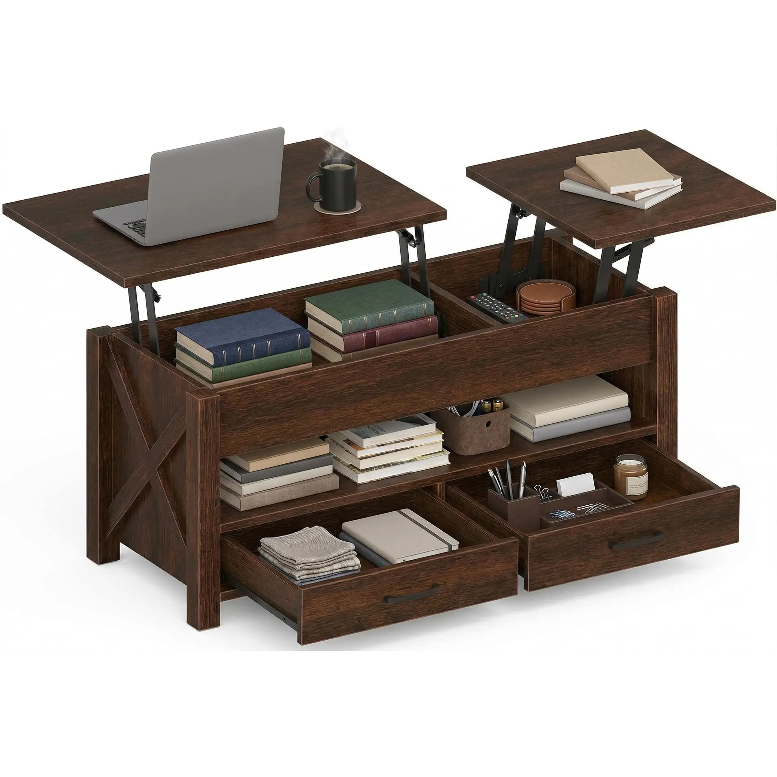 Garvee 47.2" Lift Top Coffee Table with Wooden Convertible Lift Tabletop, Featuring 2 Storage Drawers and Hidden Compartment, Multi-Function Central Table for Living Room and Home Office in Various Colors
