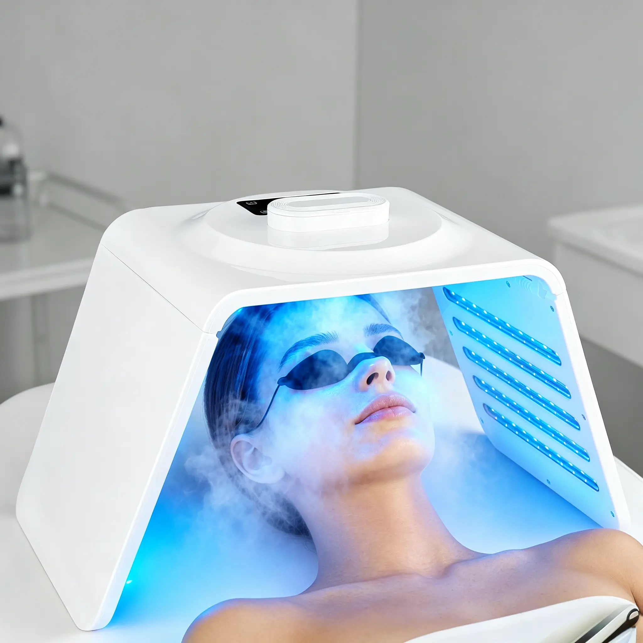 Professional 110V Ergonomic Folding LED Facial Mask - 7-Color Spectrometer Light Therapy Machine, Adjustable Large Spray Moisturizing Steamer, Firming Skin Care Instrument for Beauty Salons, LED Mask Salon & Spa Equipment, Facial Lift Salon & Spa Equipmen