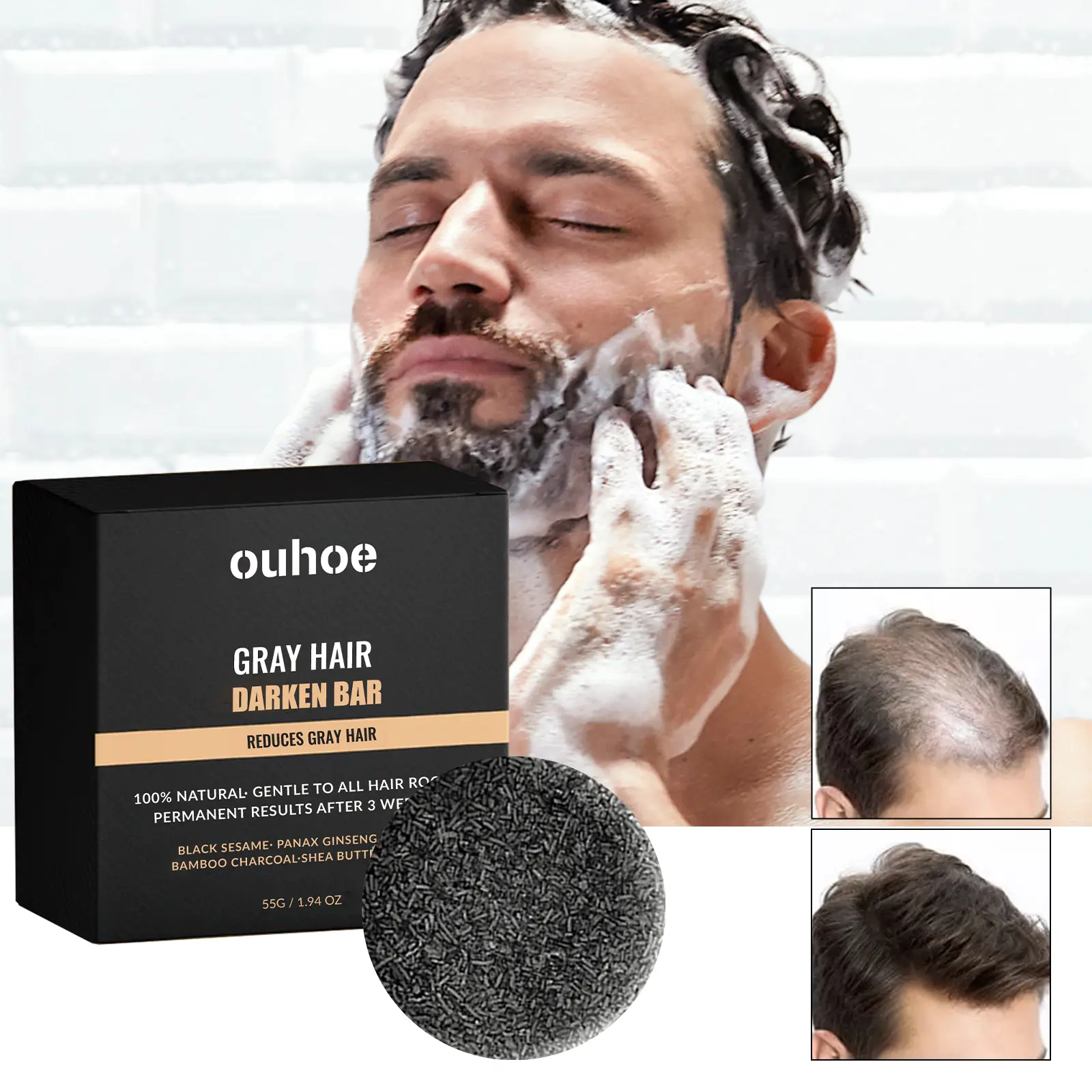 Gray Hair Reverse Shampoo Bar, OUHOE Black Hair Soap for Men & Women, Gradual DarkeningBar for Hair & Beard with Ginseng Charcoal Shea Butter Glycerin, Deep Clean Nourish Scalp,Travel-Friendly 55g