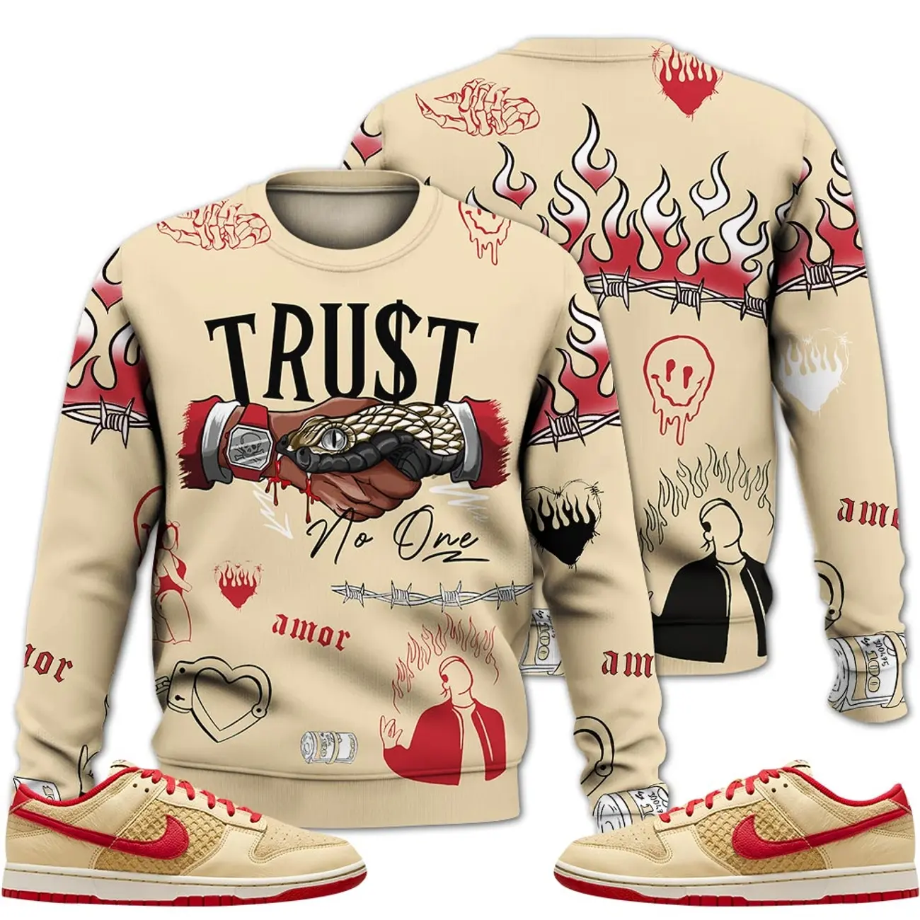 Dunk Low Strawberry Waffle Sweatshirt, Snake Trust No One Got Em Tee Streetwear  Sneaker Color Match Shirts Menswear Hoodie Fabric Fleece Polyester Tops