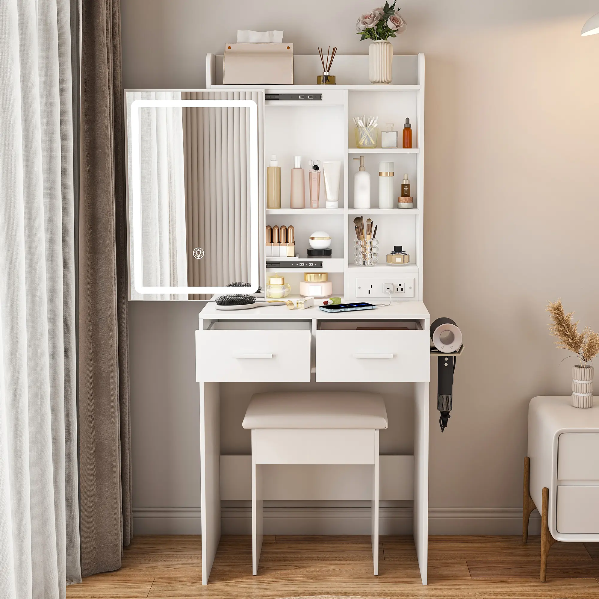 Oakault Teen Vanity Desk with Mirror and Lights, Small White Vanity Table with Sliding Mirror, Mini Makeup Vanity with Drawers, Stool, Hairdryer Rack, Chair, Open Shelf for Teens Girls Bedroom  (White)