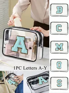 Pvc Portable Storage Bag With Blue Towel Embroidered With Initials A-Y,Large Capacity Makeup Organizer Makeup Case, Waterproof, With Zippered, Makeup Bag,Cosmetic Bag,Cosmetic Pouch,Travel Beauty Bag,For Lipstick, Brush, Skincare, Travel Cosmetic Bags