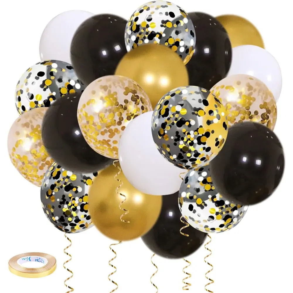 50-Pack 12-In Round Metallic Black Gold & White Confetti Balloons Kit with Ribbons, Festive Balloon Decor for Birthday, Wedding, Anniversary, Housewarming Party Supplies & Photo Backdrops, Round Shape