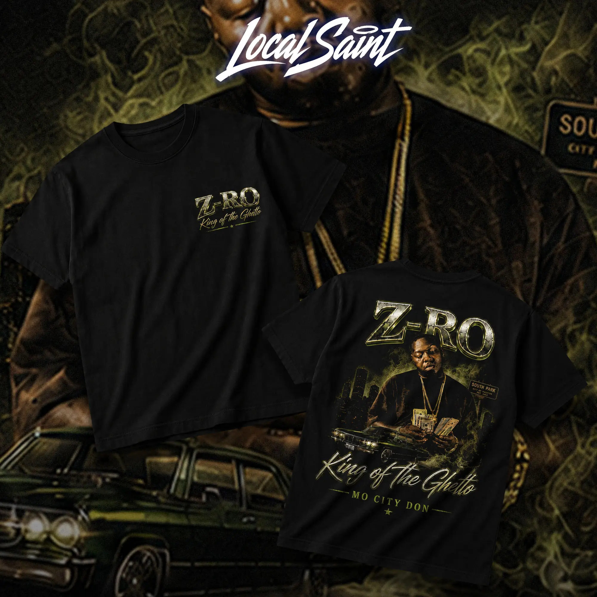 LOCALSAINT Z-Ro King Of The Ghetto Heavy Cotton Unisex Graphic T-Shirt Hoodie Mo City Don Zro Houston Rap Texas Screwed Up Click DJ Screw 713 Crewneck Tee, Vintage Streetwear Graphic T-Shirt Direct To Garment Breathable Print