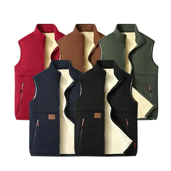 Men’s fleece vest with a stand collar and thickened lining, warm for autumn and winter, featuring a microfiber plush interior, sleeveless design, zip closure at the stand collar, windproof and well-shaped, easy to put on and take off, available in multipl