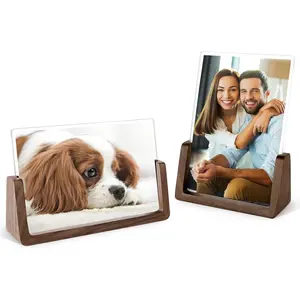 4x6 Picture Frame 2 Pack - Rustic Wooden Picture Frames with Walnut Wood Base and High Definition Break Free Acrylic Photo Covers for Tabletop or Desktop Display (Horizontal + Vertical)