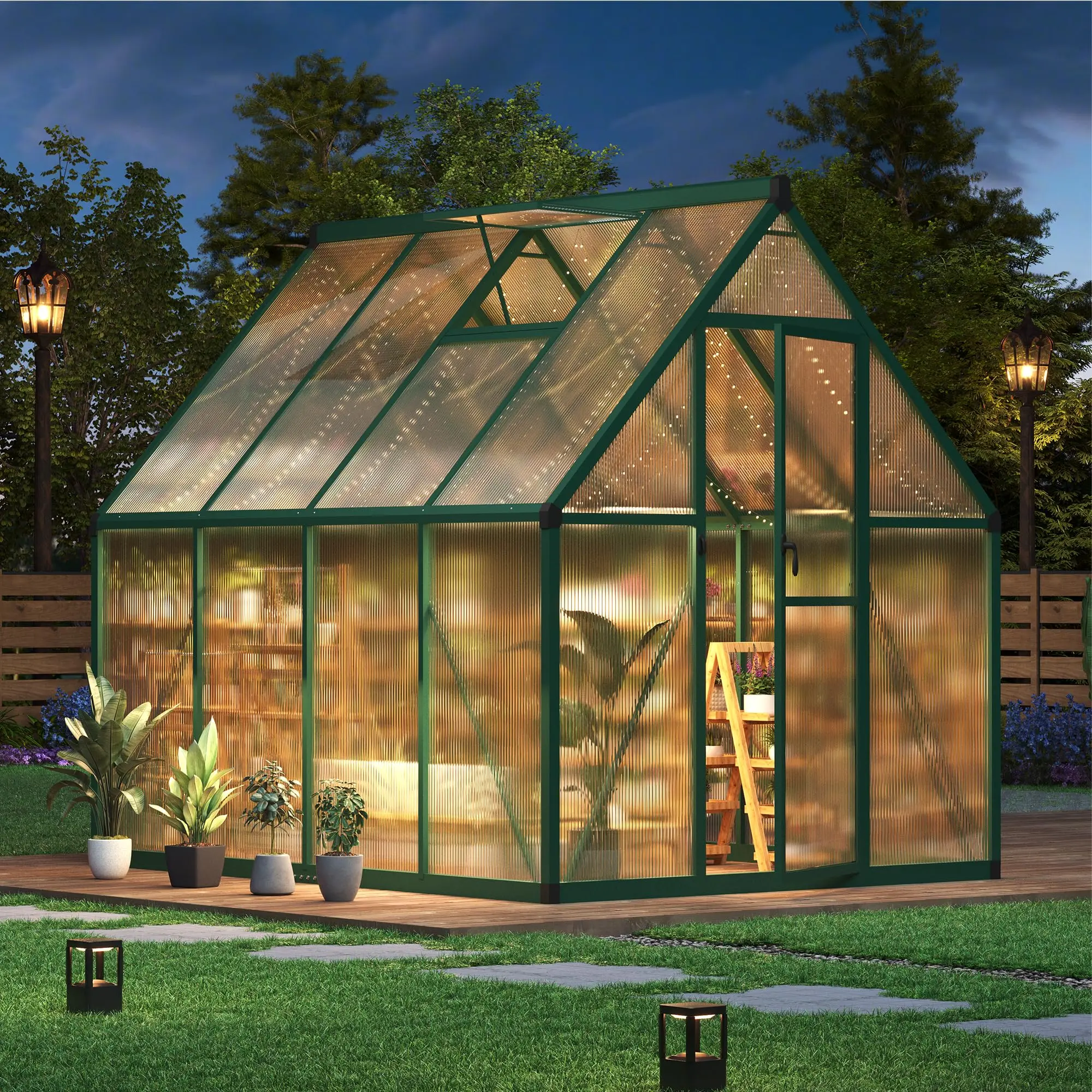 GAOMON 6x7 ft Outdoor Polycarbonate Greenhouse, 66.54" W X 88.19" D X 77.2" H Walk-In Garden Greenhouse with Enhanced Aluminium Frame, Lockable Push Door, Flexible Fixing Methods & Assembly Required