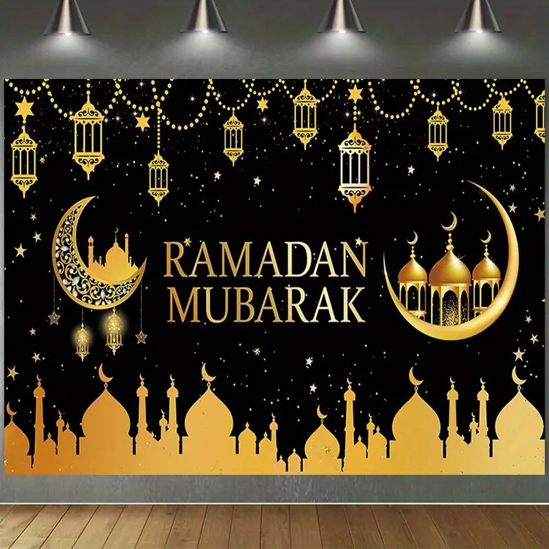 1PC Reusable Polyester 2D Flat Ramadan Mubarak Backdrop Banner - Islamic Festival Decoration Curtain with Golden Mosque, Moon, Stars & Lanterns, Ramadan Mubarak Art for Party Photography, Birthday Celebrations
